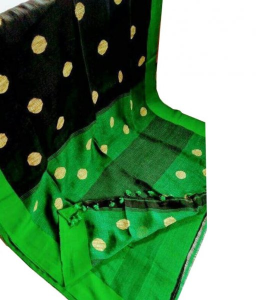 Black &amp; Green Buti Ball Linen Saree